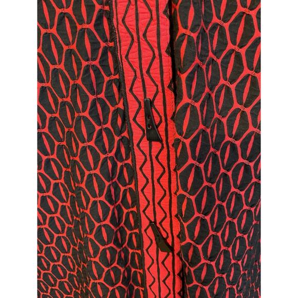 Ali Miles Size M‎ Red Black Woven Stretch Knit Bell Sleeve Stand Collar Jacket - Picture 7 of 10